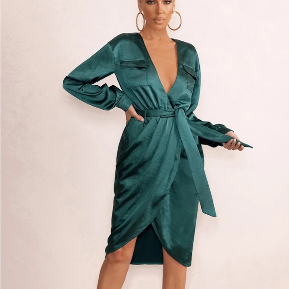 Bottle Green Deep V Plunge Neck Midi length shirt dress with belt detail - Picture 5 of 6
